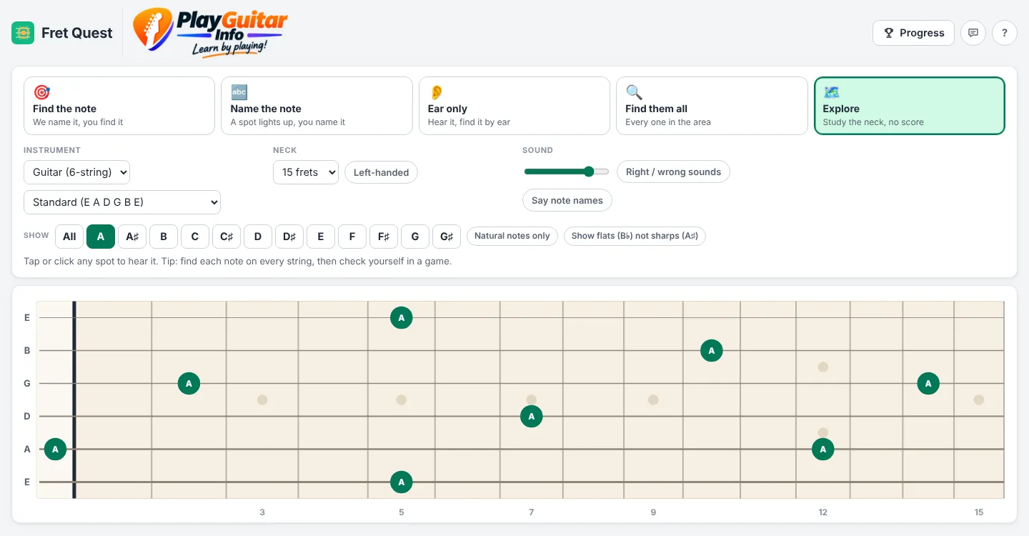 Explore mode showing every A on the neck