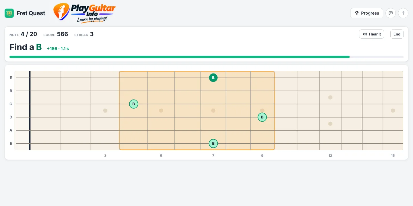 Fret Quest asking "Find a B" with the right answer and the other B's lit up on the neck
