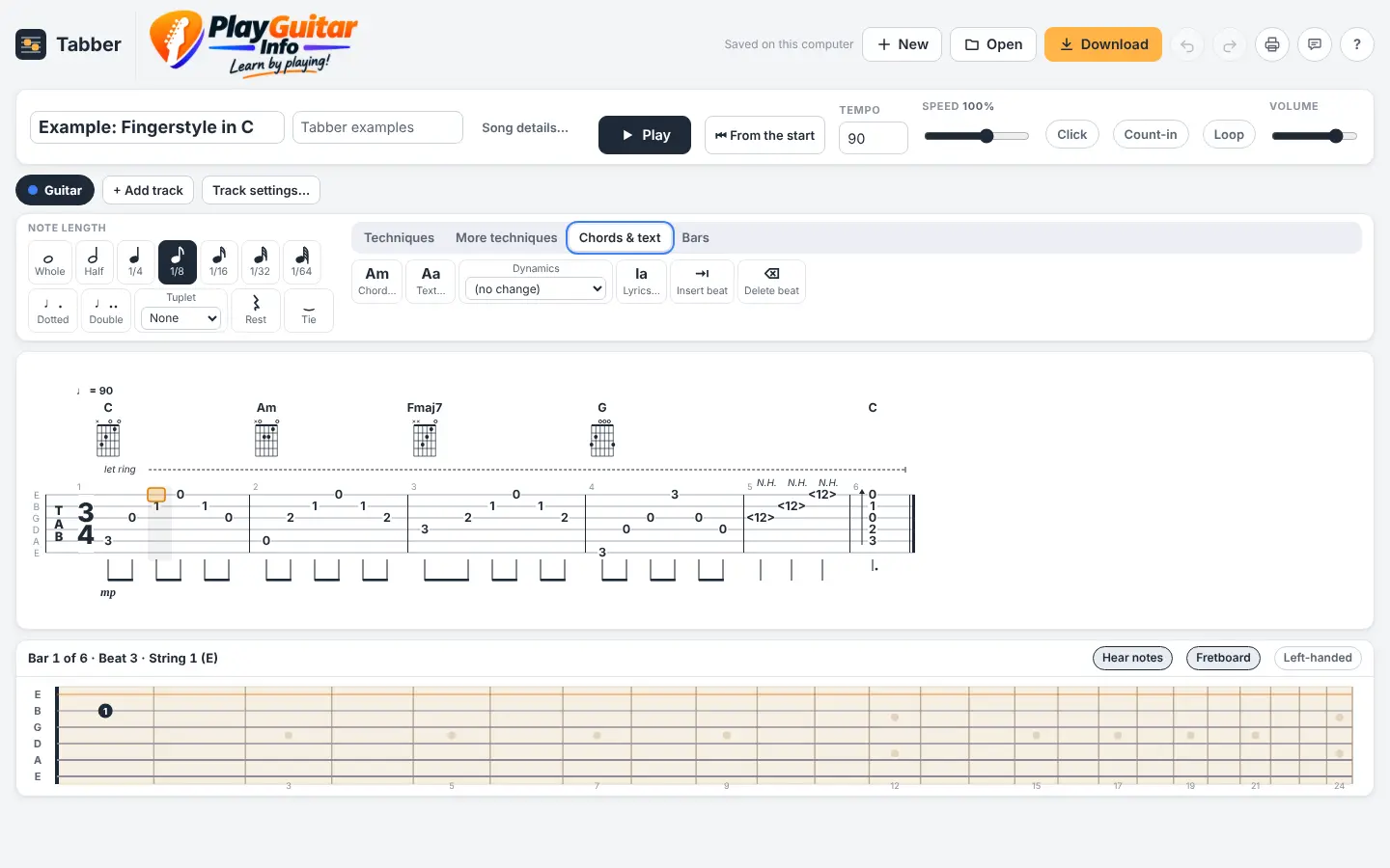 A fingerstyle example in 3/4 with chord names and diagrams above the tab, let ring and natural harmonics