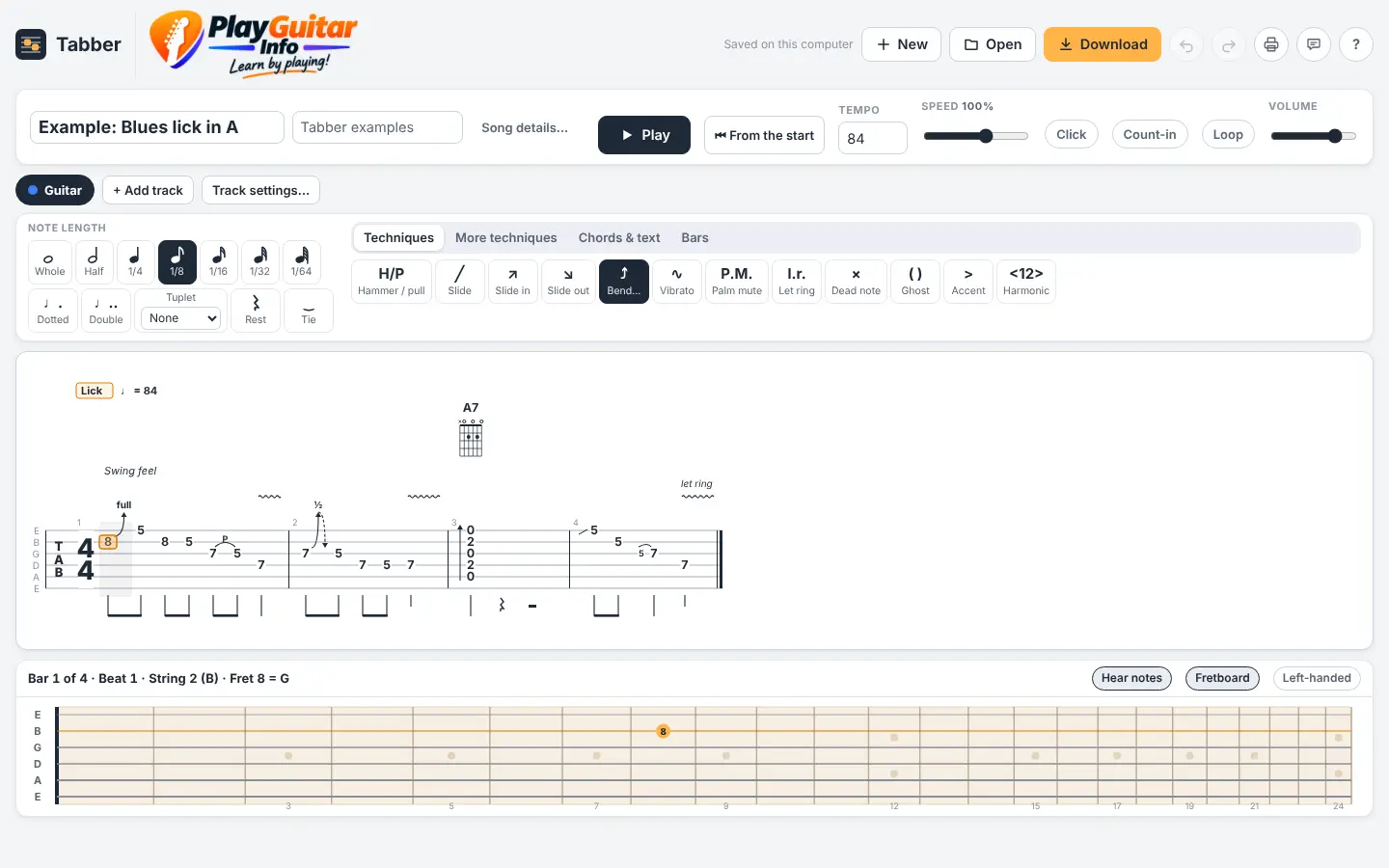 Tabber showing a blues lick in A with a bend, a pull-off, vibrato and an A7 chord diagram