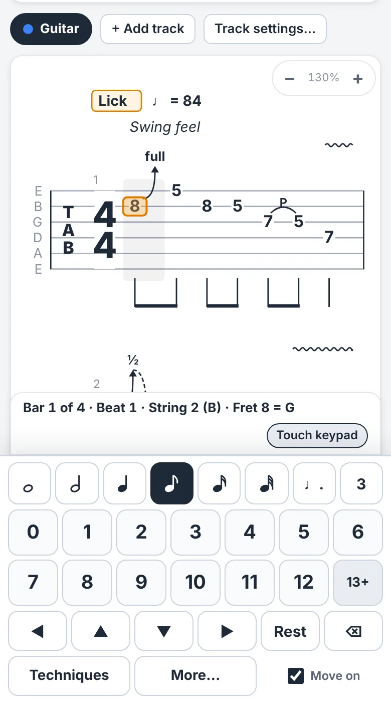 Tabber on a phone: a blues lick in tab above the touch keypad with note lengths and fret numbers