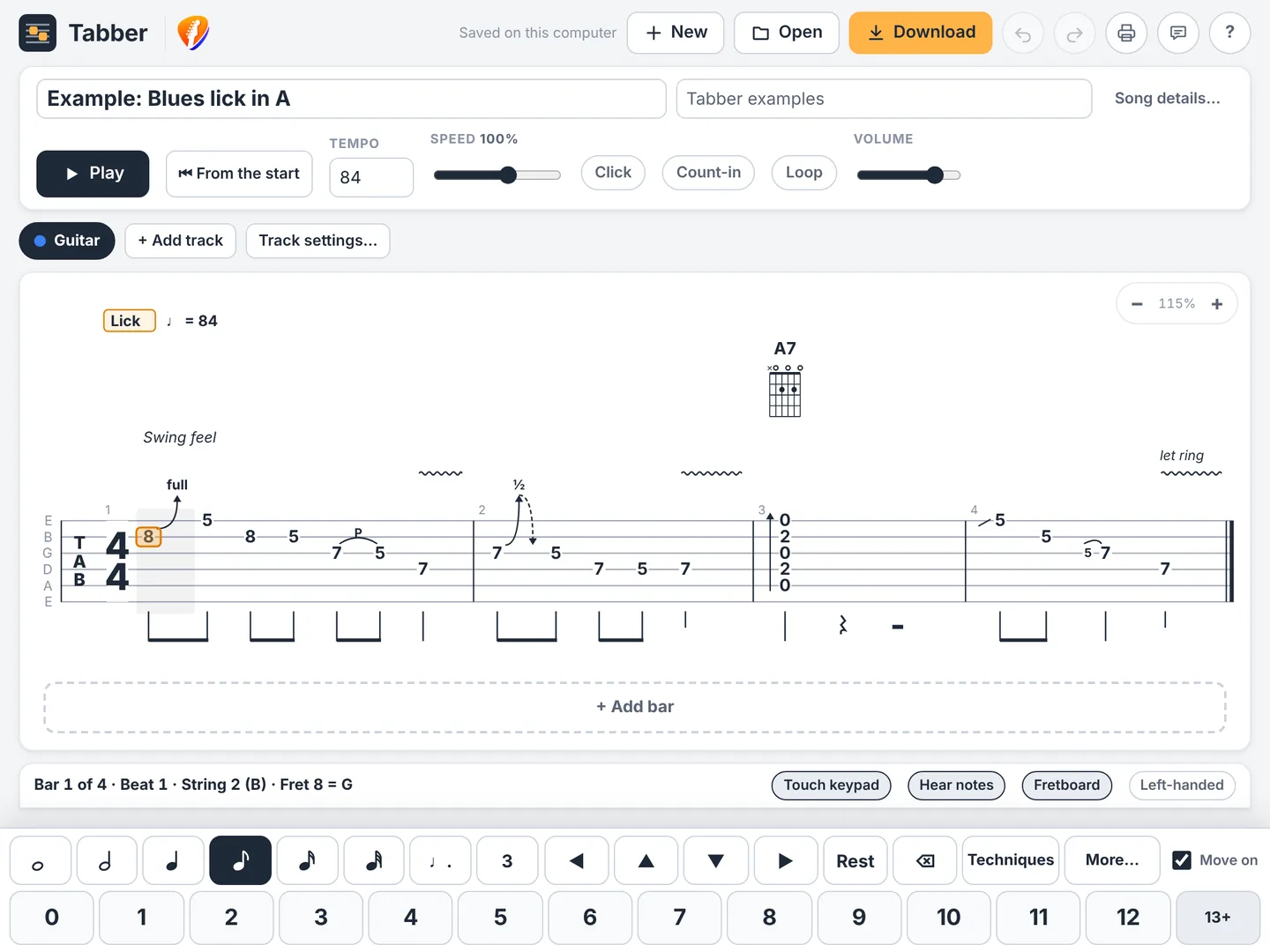 Tabber on a tablet held sideways, with the tab, an A7 chord diagram and the touch keypad